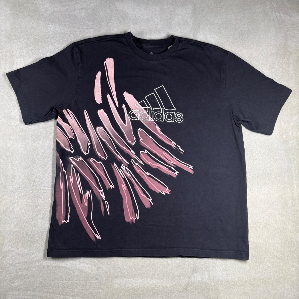 Adidas Mens Graphic T-Shirt Black Pink Abstract Brushstroke Logo Tee Size M